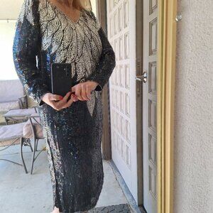 Vintage Bala Sequined Dress Long Sleeve Silver/Black One Size